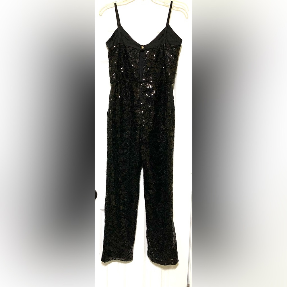 Full Sequin Jumpsuit Sparkly Fabulous CLOSET 8 Black Thin StrapPockets - Picture 10 of 13